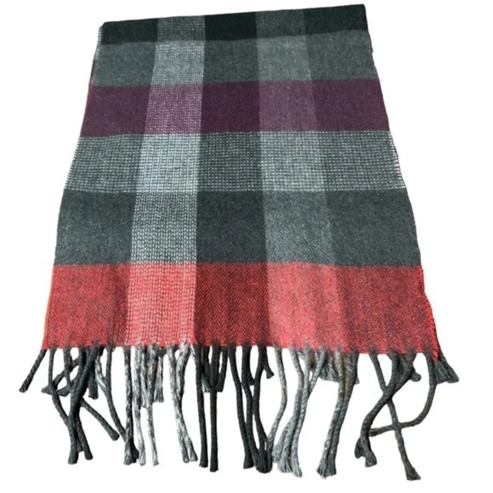 Geoffrey Beene Red and Gray Plaid Scarf with Fringe Made in Italy